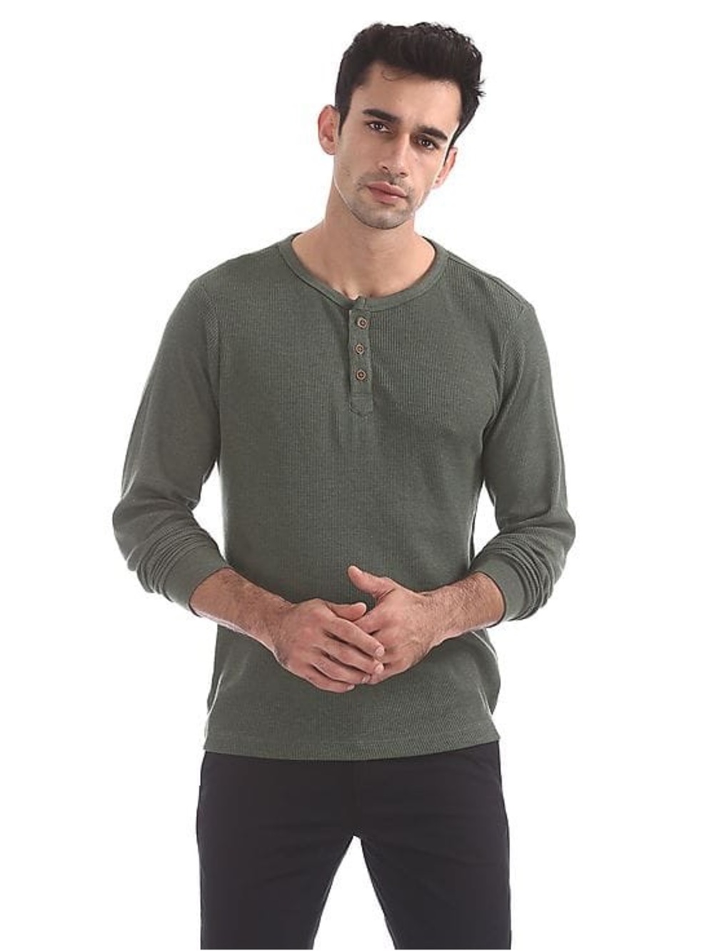 🌼Arrow Men's Olive Green Long Sleeve Henley Shirt